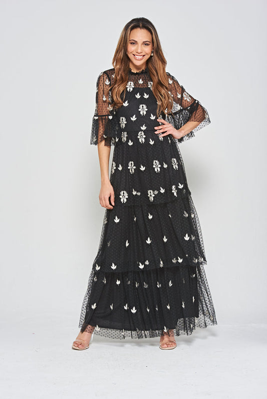 Black Leaf Embroidered Tiered Maxi Dress